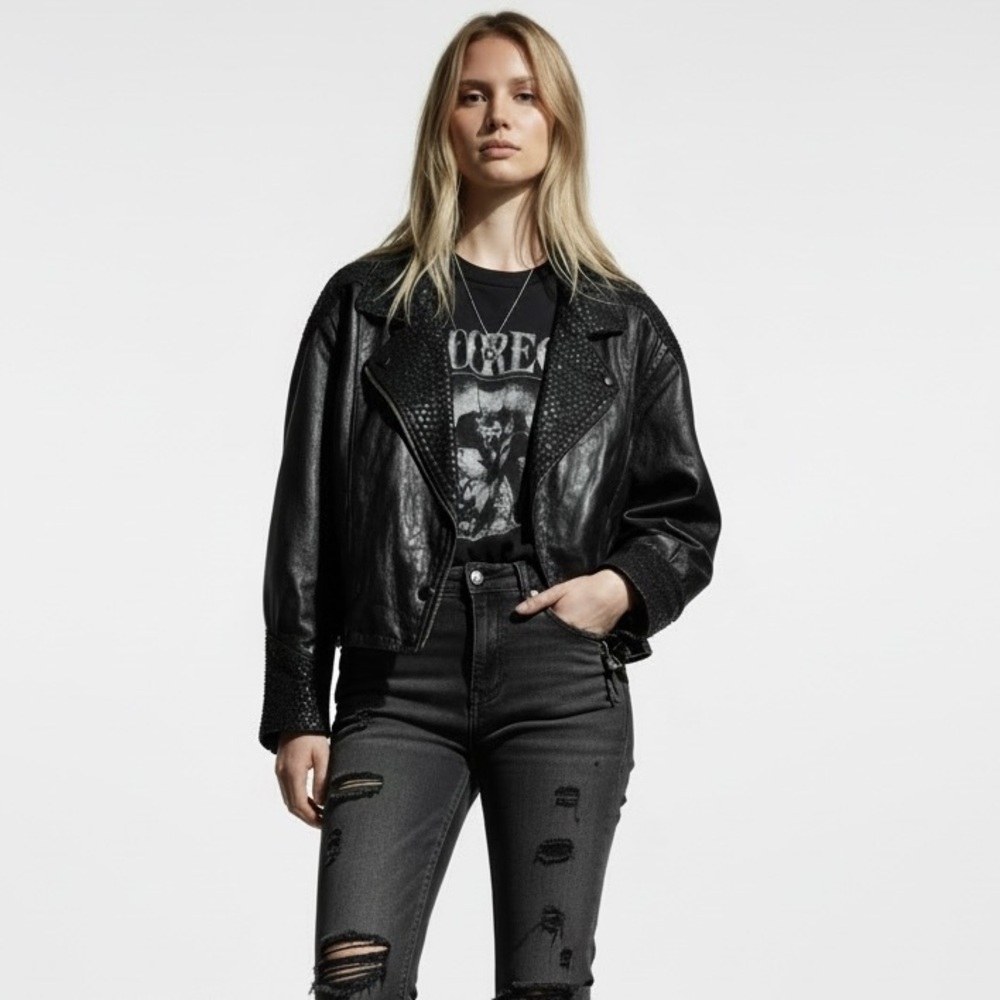 Whimsigoth Edgy Vintage Black Genuine Leather Cropped Moto Biker Jacket Textured